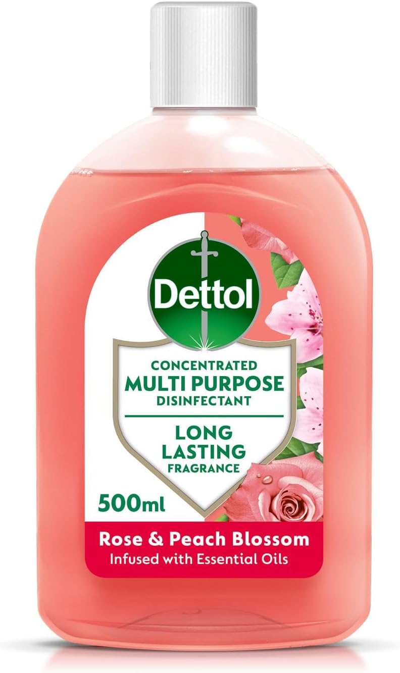 Dettol, Multipurpose Concentrated Disinfectant Liquid, Antibacterial, Rose and Peach Blossom, 500ml, Long Lasting Fragrance with Essential oils, No Harsh Residue, Kills 99.9 Percent of Bacteria