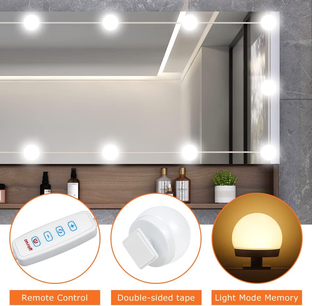 Hollywood Vanity Mirror Lights - 12 LED Bulbs, 3 Color Dimmable, 3000K Warm to 6500K Daylight, Portable Makeup Mirror for Bathroom, Bedroom & Dressing Room