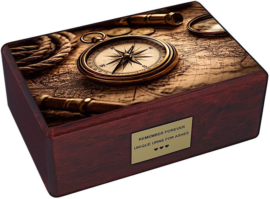 Compass Cremation Urn – Traveler Theme Funeral Urn, Wooden Adult Urn