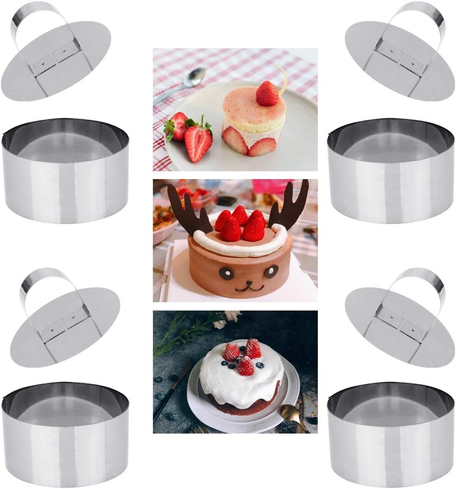 4 PCS Cooking Rings Set with Pusher,Mousse Rings Stainless Steel Cake Circle Cake Mold,Non-Stick Round Food Rings for Cooking Crumpets Eggs Pastry Mousse Desserts-8 * 8 * 4cm