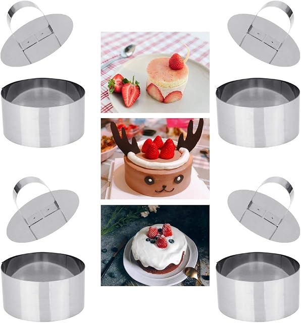 DECARETA 4 PCS Cooking Rings Set with Pusher,Mousse Rings Stainless Steel Cake Circle Cake Mold,Non-Stick Round Food Rings for Cooking Crumpets Eggs Pastry Mousse Desserts-8 * 8 * 4cm
