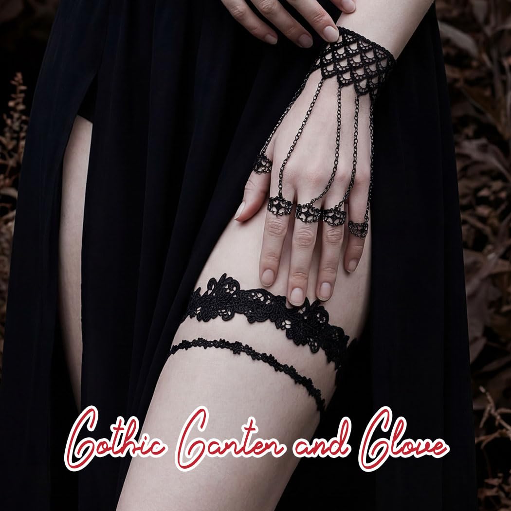 Black Lace Garter with Claw Chain Gothic Finger Nails Tip Claw Rings and Thigh Garters Floral Garter for Women: 2