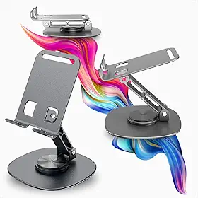 Suporte de Mesa para Celular e Tablet com Base Giratória 360° Graus em Alumínio Premium Resistente com Pedestal Ajustável Dobrável Compatível iPad, Tablet, Smartphone