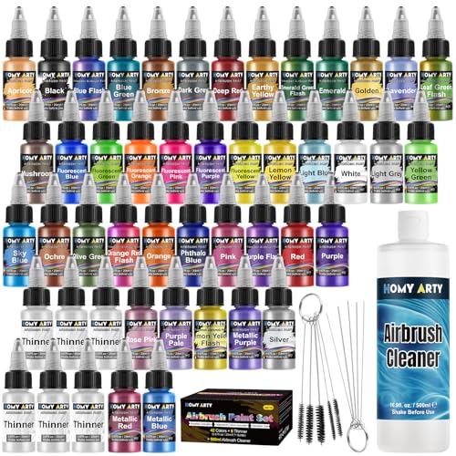 HOMY ARTY Airbrush Farbe - 42 Farben mit 6 Verdünner & 500 ml Reiniger mit Pinsel, bereit zum Sprühen Airbrush Farben, Airbrush Lack für Metall, Kunststoffmodelle, Holz, Leinwand, 20 ml/Flasche