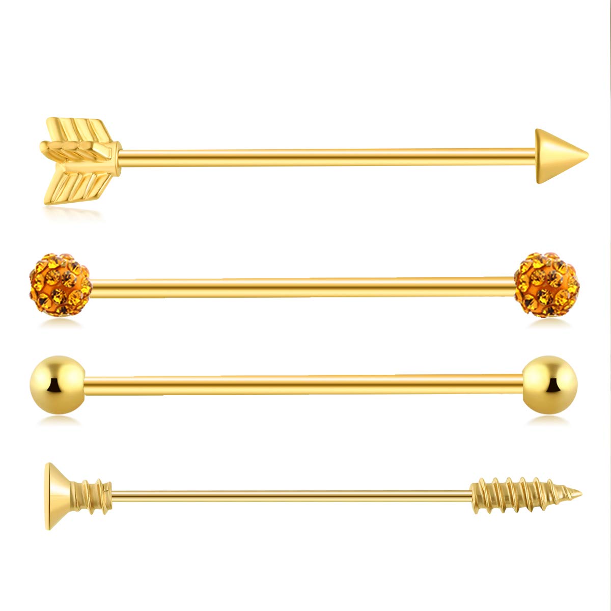 TIANCI FBYJS 9-16pcs 14G Industrial Piercing Stainless Steel Industrial Earrings Barbell with Chain Dangle for Women Men Cartilage Stud Industrial Piercing Jewelry 1 1/2 Inch 38mm: 4pcs Gold Color