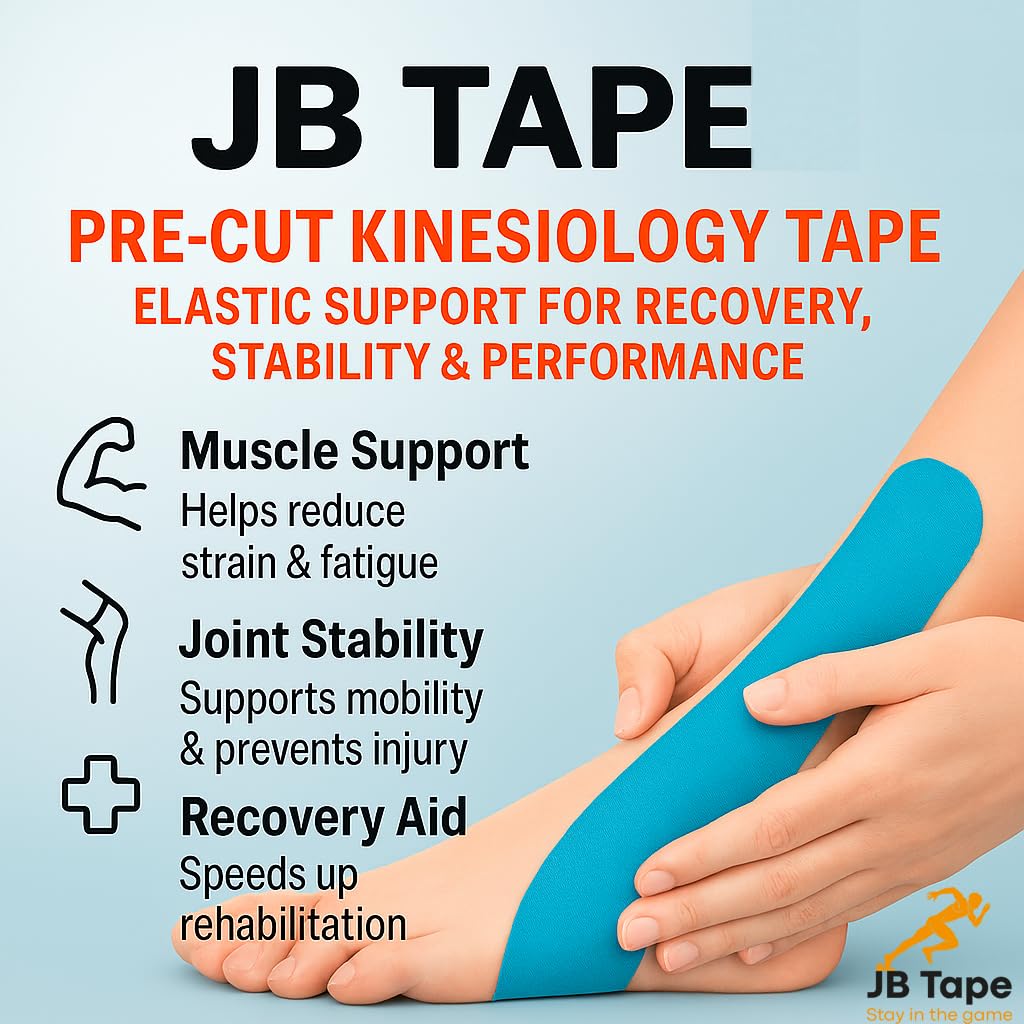 Cinta de kinesiología | 2 bandas precortadas x 10 pulgadas | 4 rollos/80 bandas | Cinta adhesiva para músculo JuneBugz ayuda con el dolor y la recuperación | La banda elástica K JB proporciona