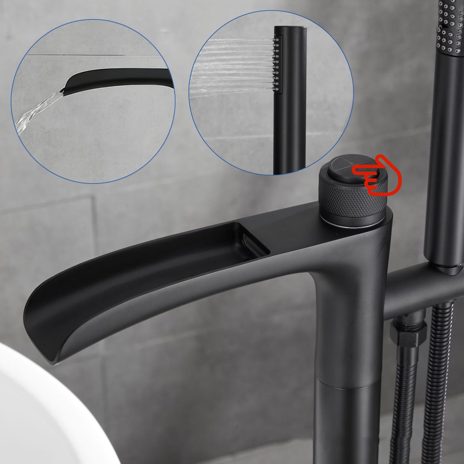 Grifo Mezclador de Bañera Y Ducha Independiente Color Negro con Agua Caliente Y Fría Y Función de Cascada Incluye Ducha de Mano Y Un Solo Mando