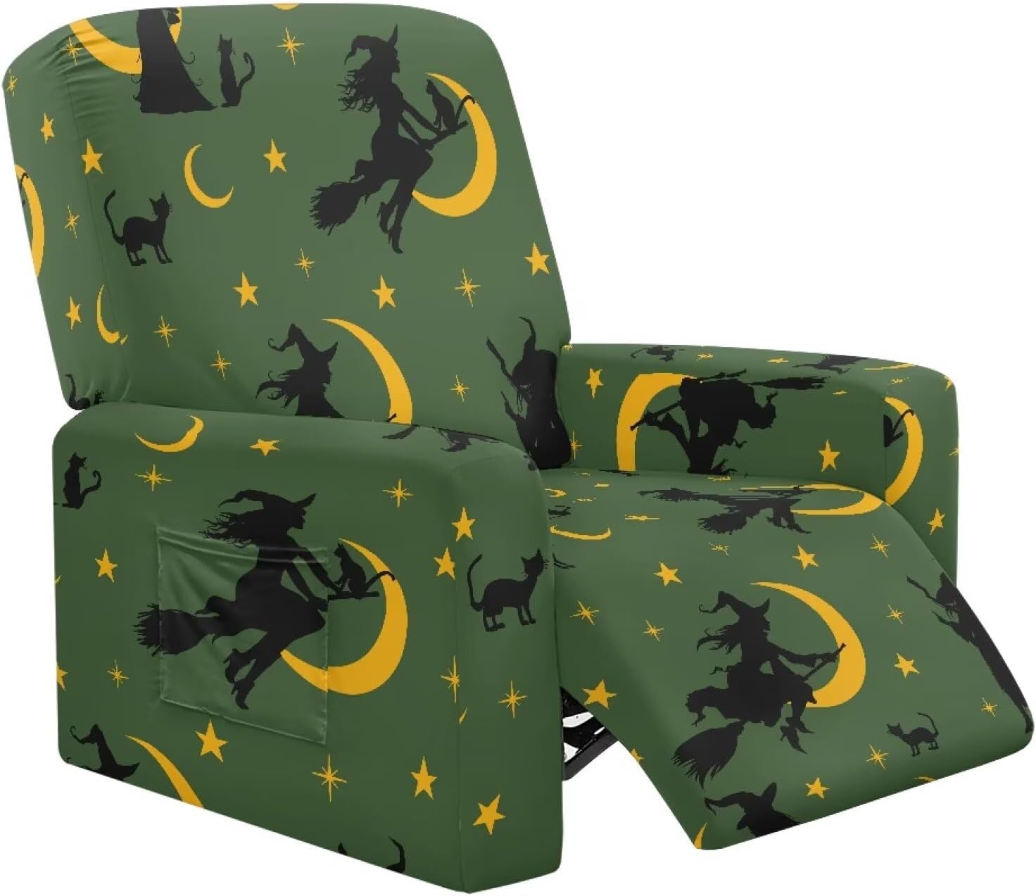 Witch Moon Star Recliner Couch Cover Green Slipcovers for Reclining Couch Halloween Decor Chair Slipcovers with Pockets Non Slip Furniture Covers 4 Piece