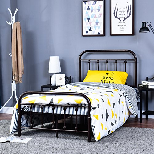 HOMERECOMMEND Dark Bronze Metal Bed Frame Platform with Headboard and Footboard Box Spring Replacement Mattress Foundation Heavy Duty Steel Slats, Twin