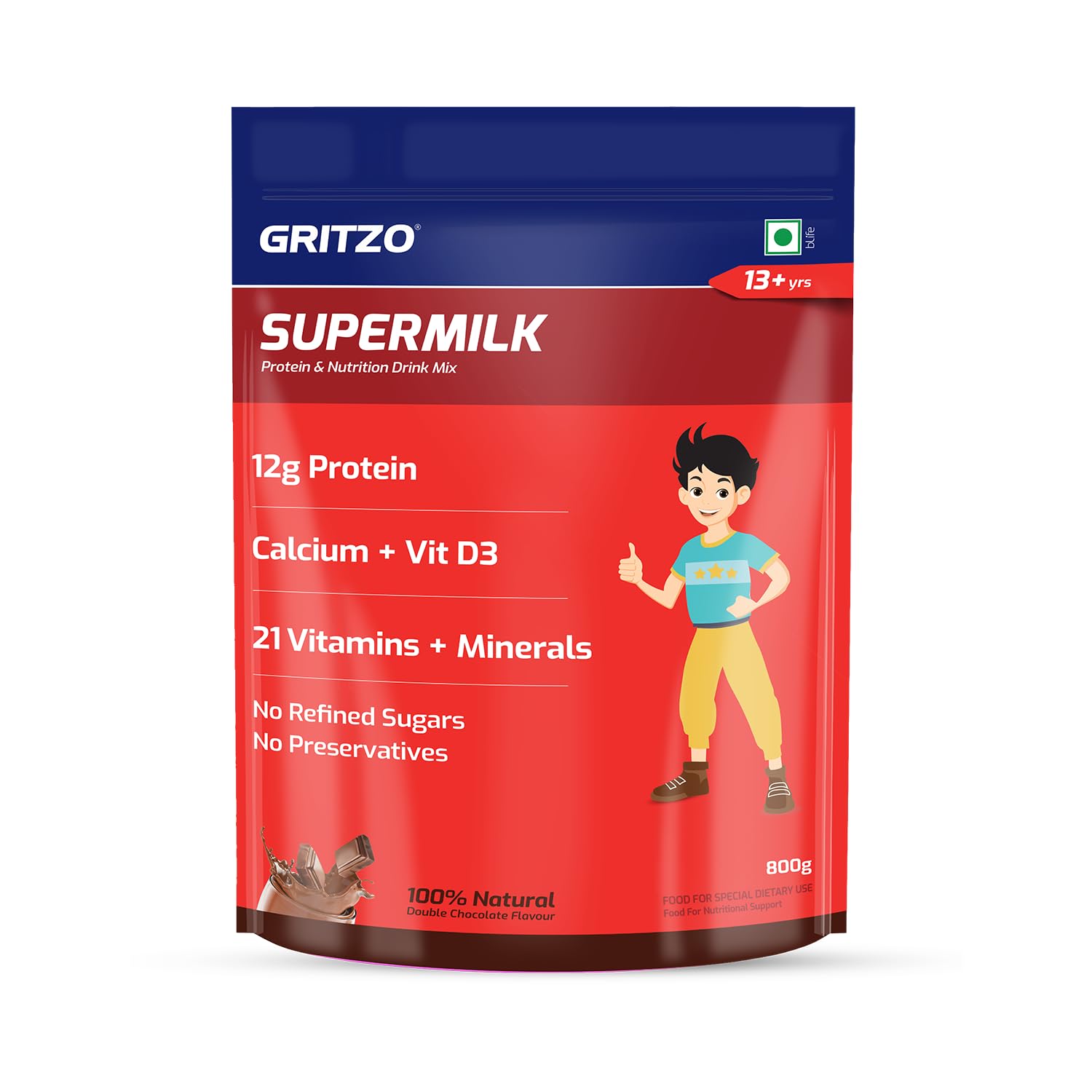Gritzo SuperMilk Overall Growth (13+y Teen Athletes), 12g Protein Powder (Double Chocolate, 800g) | Zero Refined Sugar, 21 Vitamins & Minerals