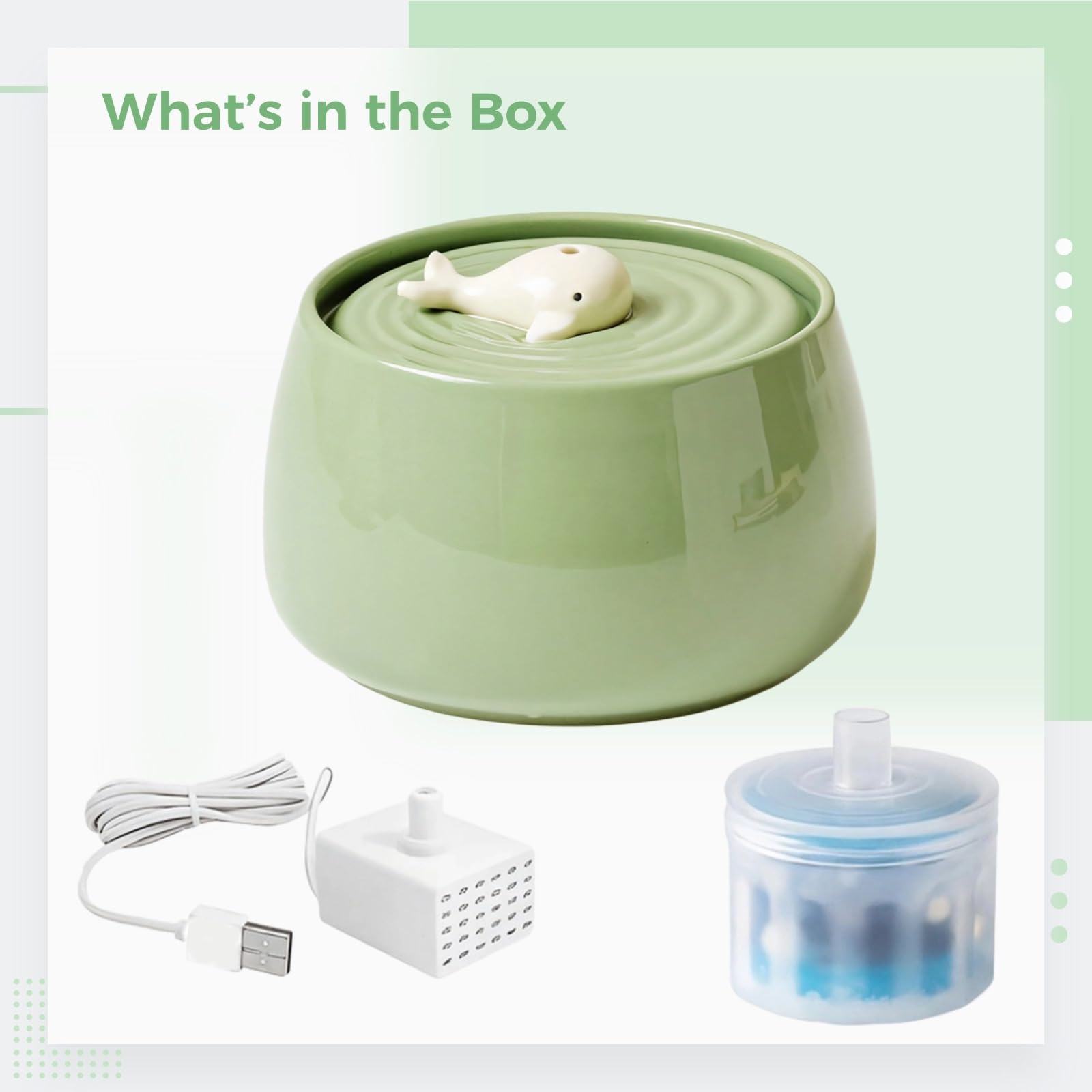 Fuente de agua de cerámica para gatos, dispensador de agua para mascotas de 45 onzas con cartucho de purificación doble, cuenco automático silencioso, bonito diseño de ballena para gatos