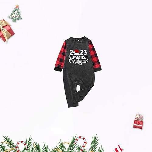 Miniatura 2 de HUCHPI Family Christmas Pajamas Matching Sets 2023 Trendy Xmas Print Shirts and Long Plaid Pants 2 Piece Holiday Pjs