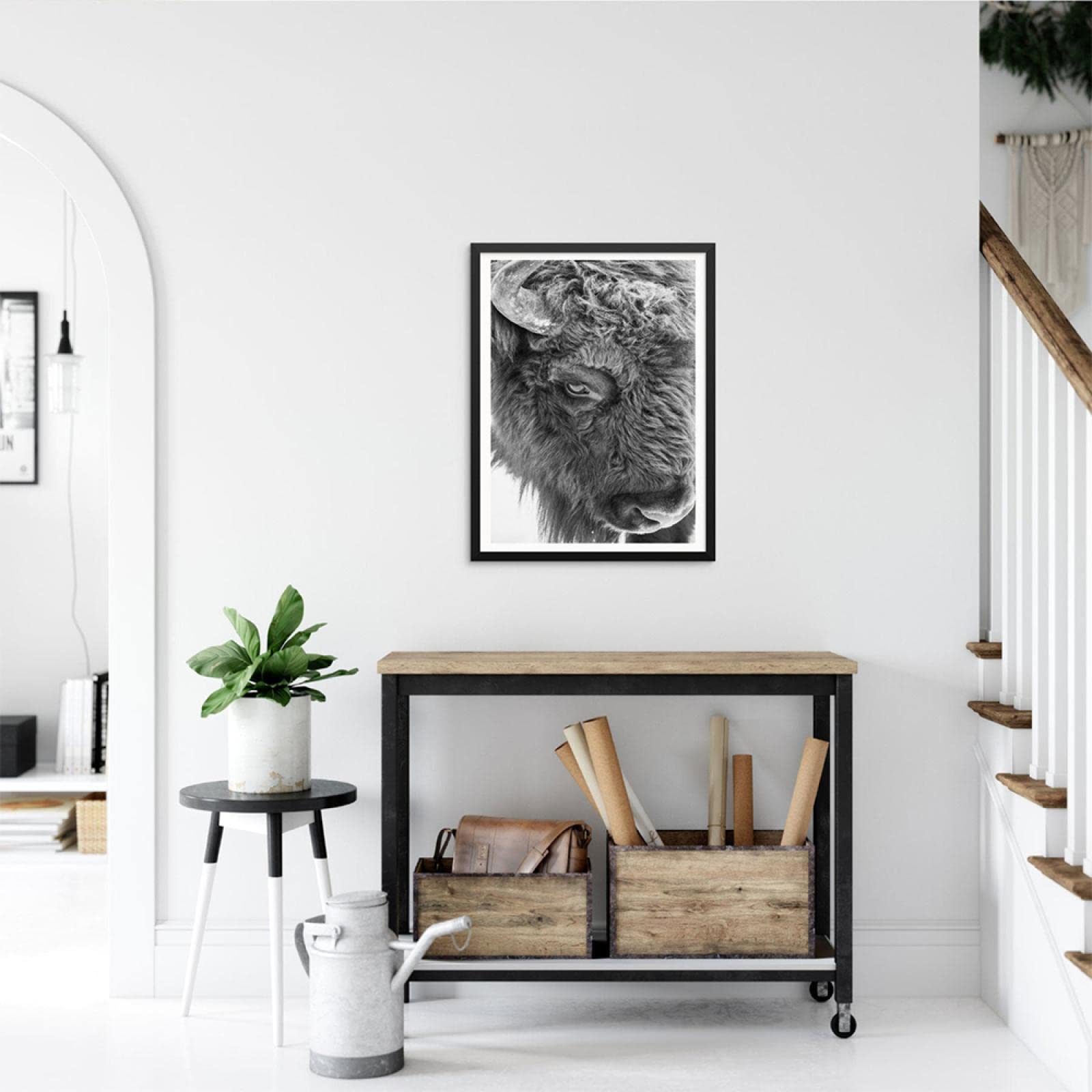 Bizon nadruk czarno-białe zwierzę zdjęcie plakat płótno malarstwo sztuka ścienna obraz salon pokój dziecięcy dom dekoracja ścienna 60 x 90 cm bez ramy