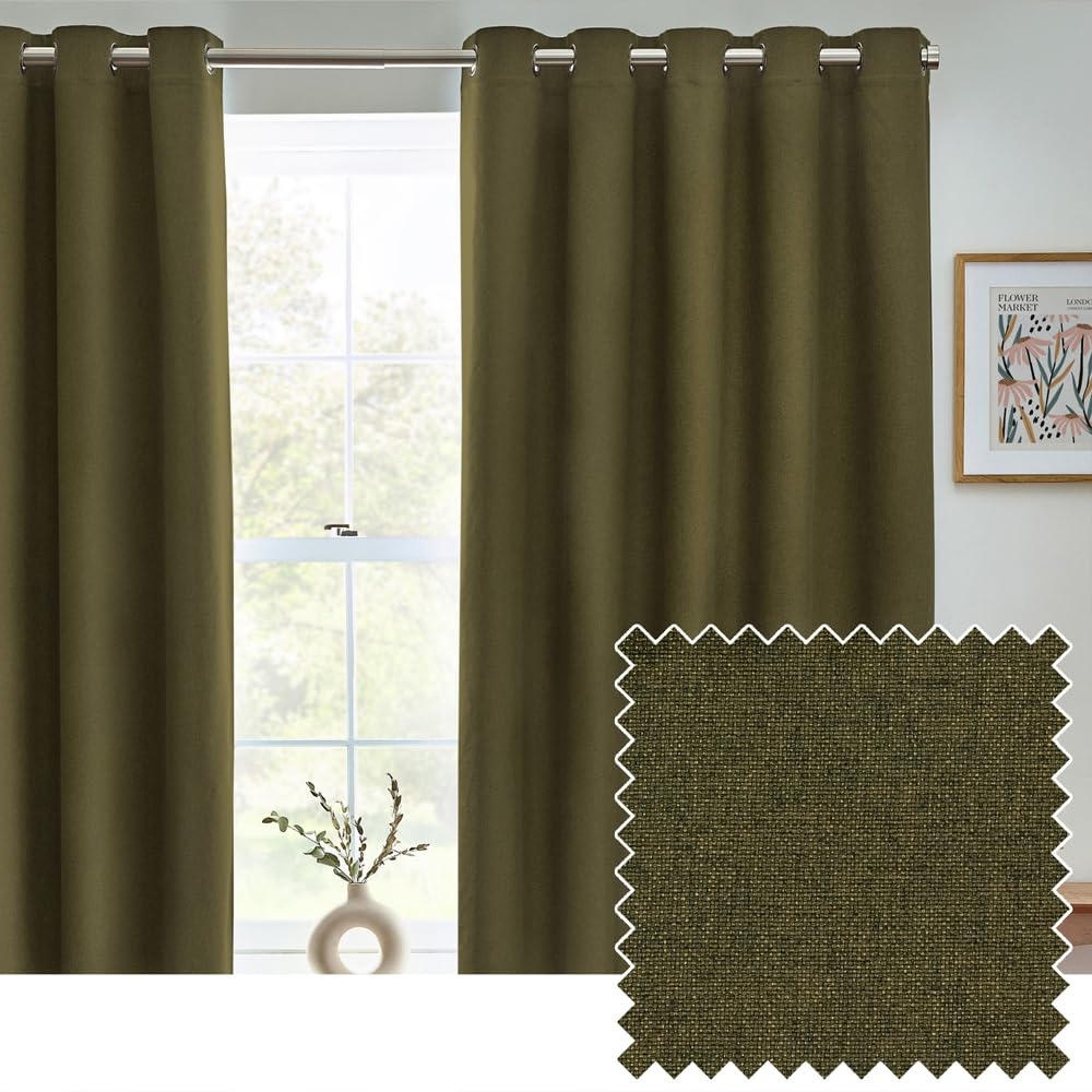 furn. Dawn Textured Blackout Eyelet Curtains - Thermal Lined Pair (Olive - Width 117 x Drop 137cm), Green, W 46.1" x L 53.9" (2 Panels)