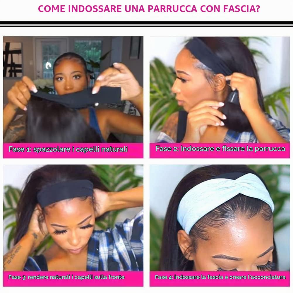 Parrucca Capelli Veri con Fascia Liscia Glueless Parrucca Senza Colla Senza Lace Capelli Naturali Neri Facile da Indossare per Principianti 12 Pollici