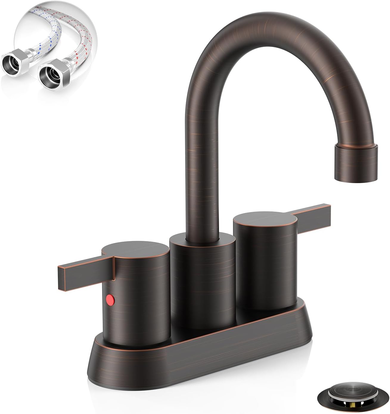 Phiestina 2 or 3 Holes Oil Rubbed Bronze 4 Inch 2 Handle Centerset Lead-Free Bathroom Sink Faucet, 360 Degree Swivel Spout with Copper Pop Up Drain and 2 Water Supply Lines, BF015-1-ORB