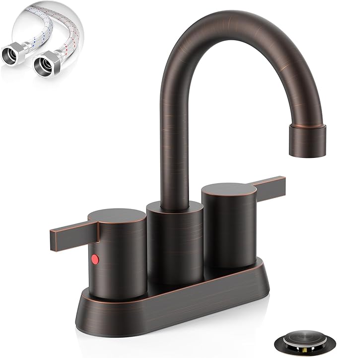 Phiestina 2 or 3 Holes Oil Rubbed Bronze 4 Inch 2 Handle Centerset Lead-Free Bathroom Sink Faucet, 360 Degree Swivel Spout with Copper Pop Up Drain and 2 Water Supply Lines, BF015-1-ORB