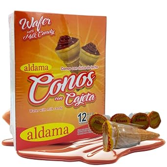 ALDAMA Wafer Milk Candy Cones, Crisp Wafer Shells Filled with Rich Mexican Cajeta Milk Filling 12 pieces