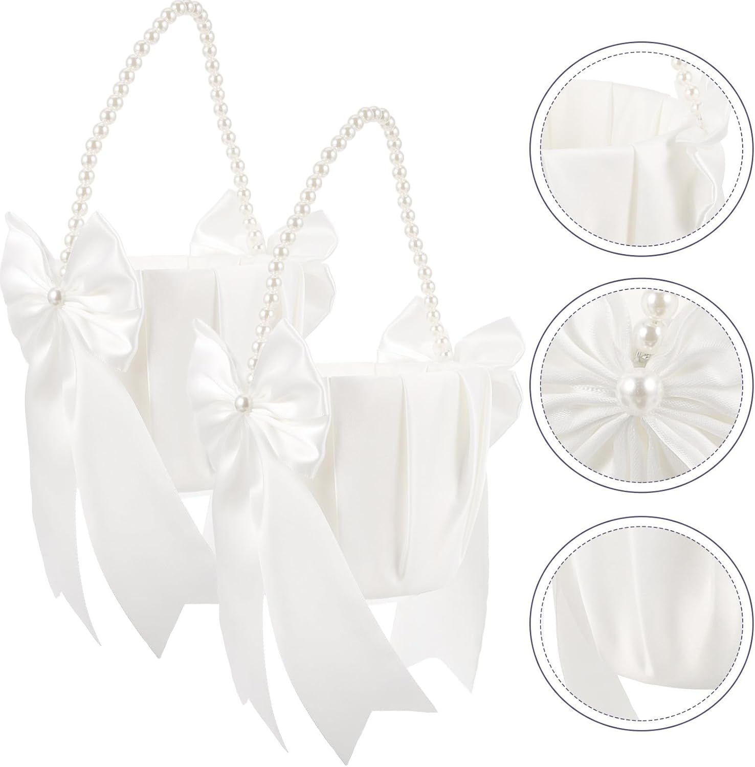 2pcs Elegant White Fabric Flower Girl Basket with Pearl Design, Wedding Supply for Flower Girl, Classic Style, Daily Container and Table Centerpiece Decor, for Wedding Parties