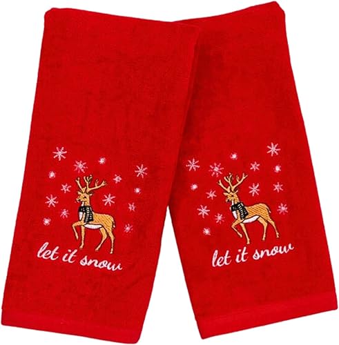 Serafina Home Toallas de mano para invitados de Navidad navideñas Toallas de felpa rojas con renos Let It Snow Bordado