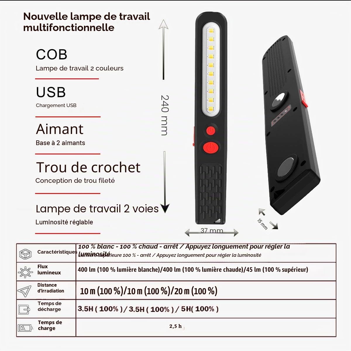 Lampe de Travail LED Rechargeable, Lumière combinée Double Couleur Lampe d'inspection 2 en 1 et 3 W COB LED Torche Lampe avec Double Magnétique pour Auto Garage Atelier Camping Bricolage etc