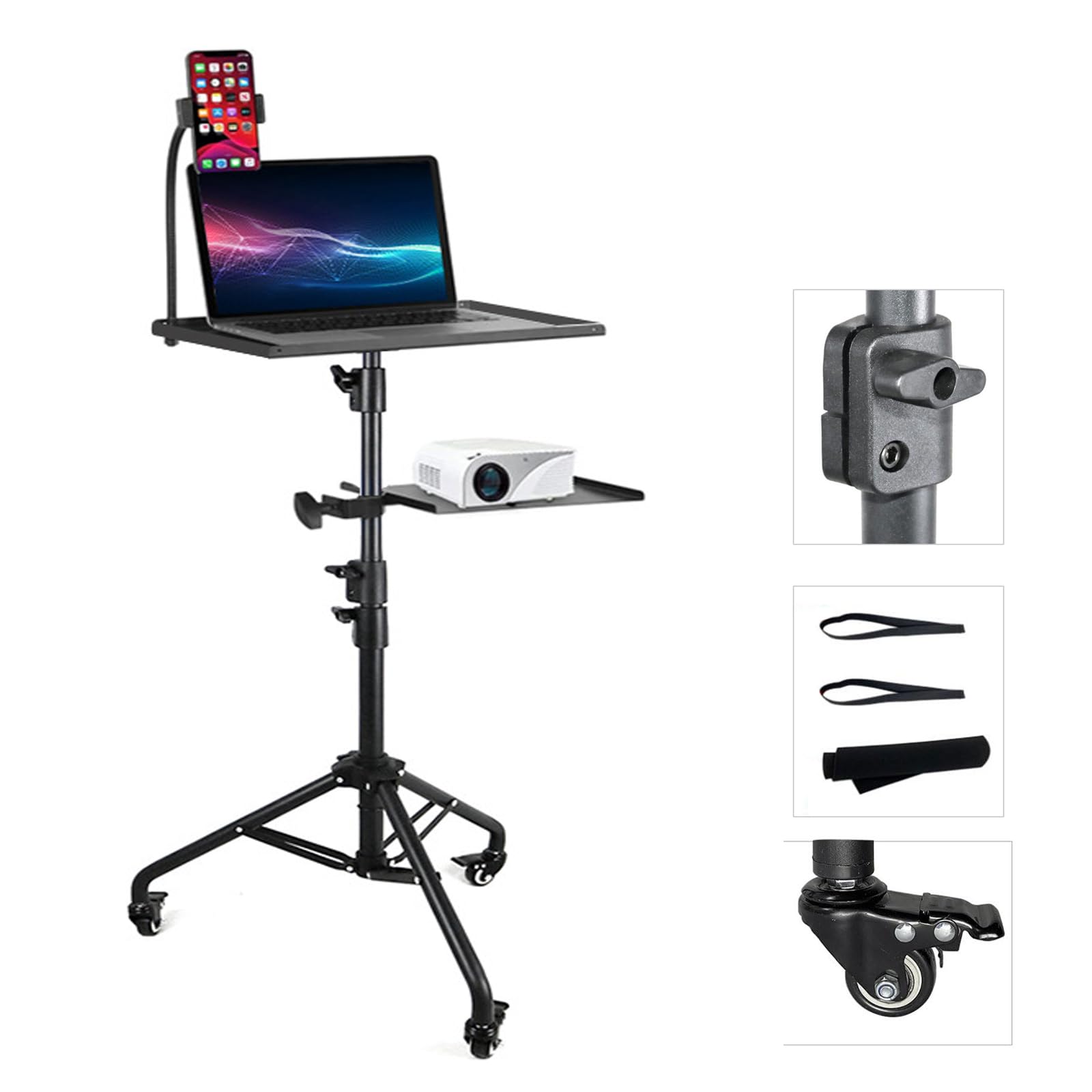 Support Projecteur avec roulettes, support de sol pour tablette avec bande élastique, hauteur réglable de 60 cm à 120 cm, trépied polyvalent