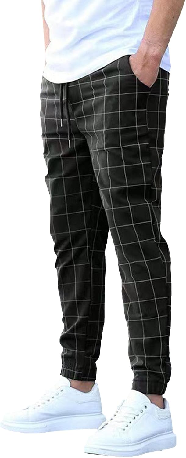 Men's Plaid Flat Front Chino Pants Skinny Slim Fit Stretch Suit Pant Stylish Casual Business Dress Trousers