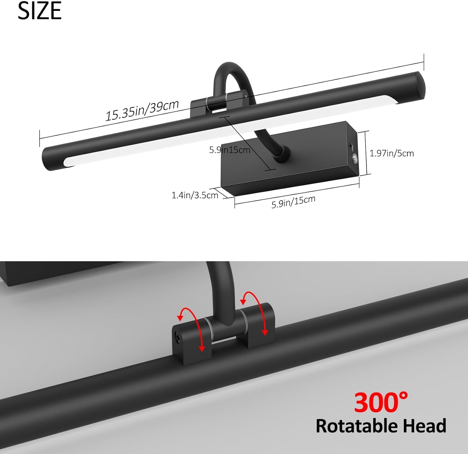 Aipsun 15.7" Black Picture Lights for Wall Rechargeable,10000mAh Battery Operated Art Light for Paintings,3CCT Dimmable, Rotatable Gallery Light for Pictures Display