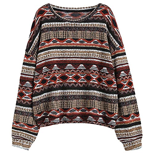 Zaful Women's Tribal Ethnic Graphic Cropped Knitwear Bohemian Long Sleeve Pullover Sweater Boho Drop Shoulder Knitted Top #TOP3