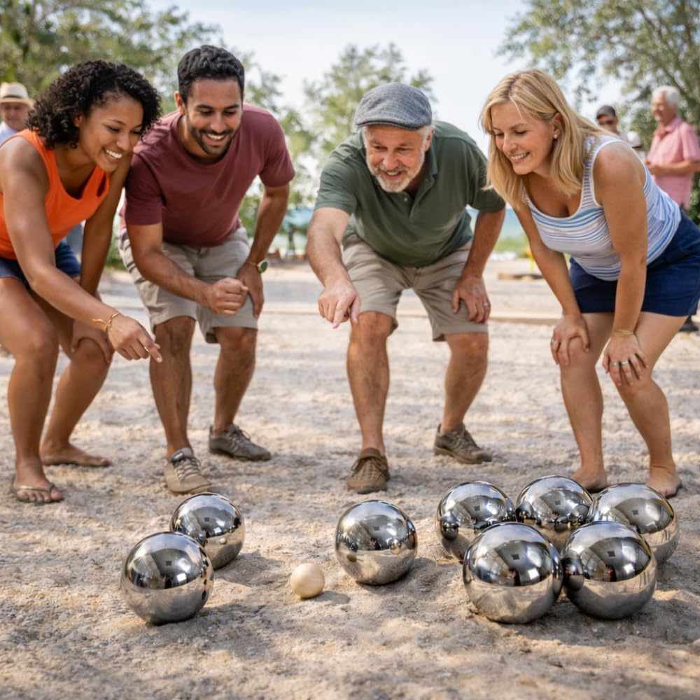 SHOP-STORY Jeu de Pétanque en Métal – 8 Boules avec Housse de Transport, Cochonnet et Cordon de Mesure – Loisirs Extérieurs