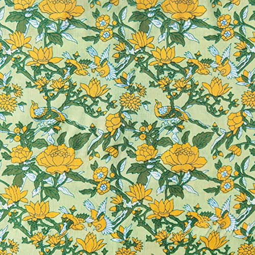 AVKA Studio Hand Block Print Fabric by The Yard - PRECUT 3 Yards 42 inch Width - 100% Cotton Material - Yellow Floral Pattern - Light Weight Indian Cloth for Making Kurti Summer Dress Salwar Kameez