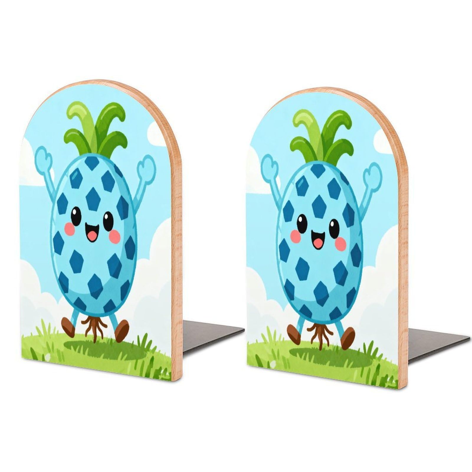 Pineapple Light Blue Book Ends Wood Non-Skid Bookend for Shelves Heavy Duty Bookends with Metal Base Decorative Books Stopper Desk Organizers Book Dividers for Office Home 1 Pair