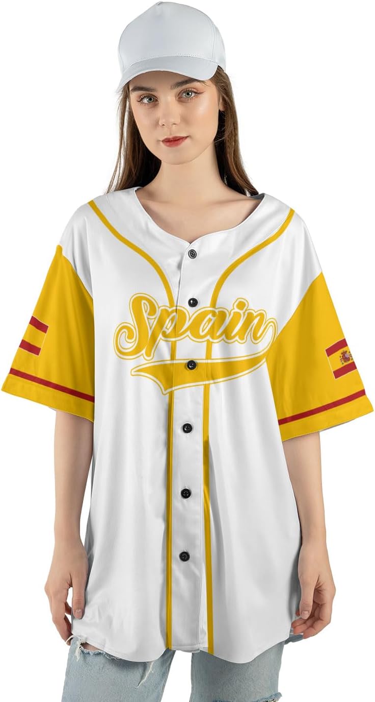 Podagree Personalized Spain Baseball Jersey, Spanish Proud Flag Jersey Shirt Espana Coat of Arms Peruvian Gift for Men Women