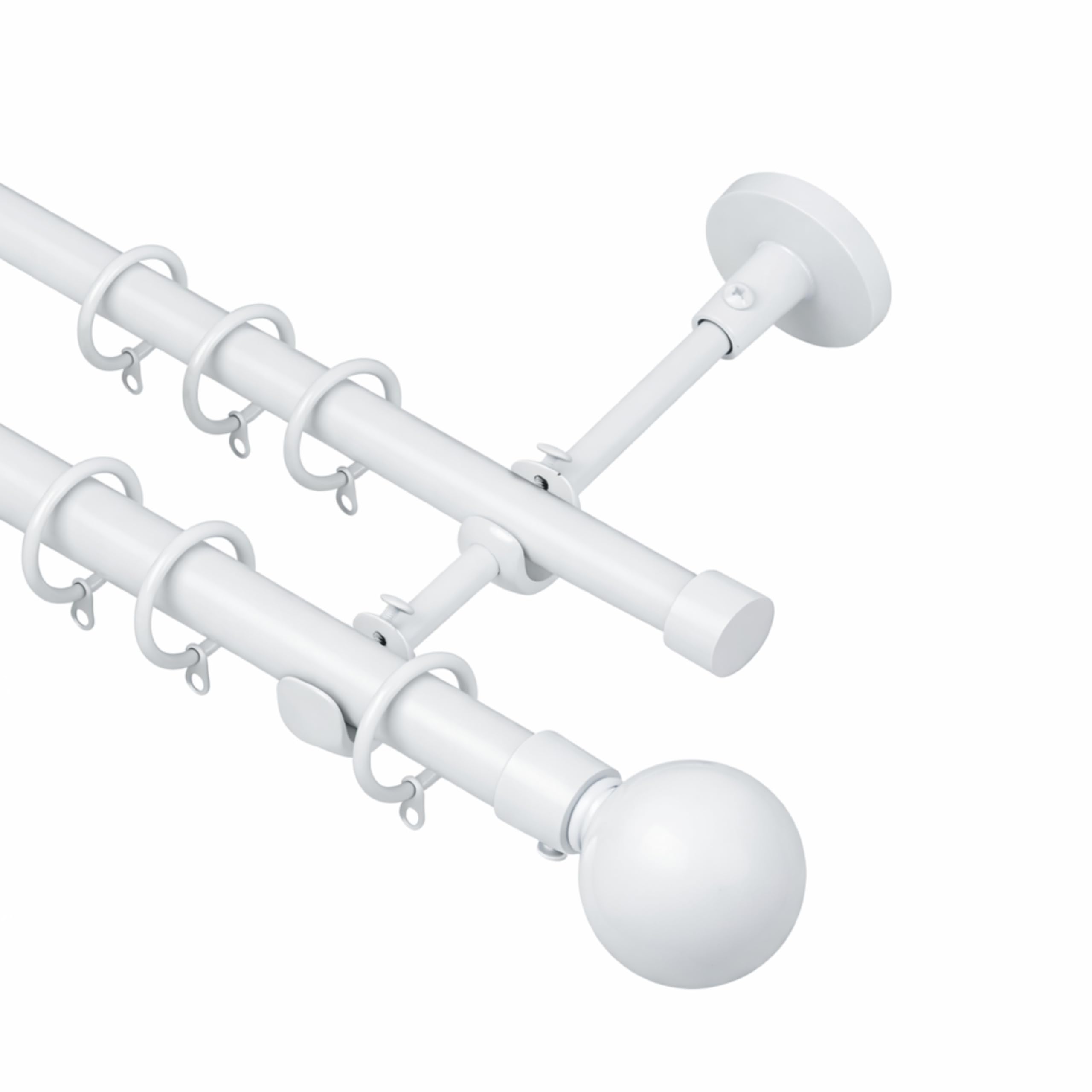 Lister Cartwright Double Curtain Extendable Pole Set with White Ball Finials – 19mm & 28mm Metal Poles for Layered Curtains, Sheer & Blackout, Brackets, Rings & Fixings (210-320 cm)
