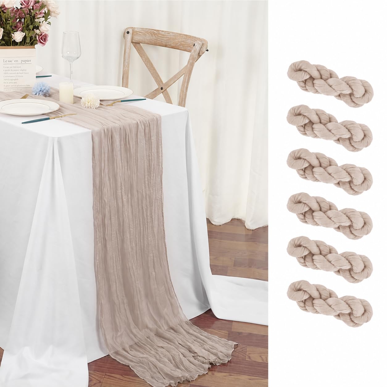 Teruntrue 6 Pack Cheesecloth Table Runner 55x300 cm Boho Gauze Cheese Cloth Table Runner for Wedding Party Baby Bridal Shower Birthday Decorations (Brown/Gray Mixed with Light Pink and Purple) — image 1