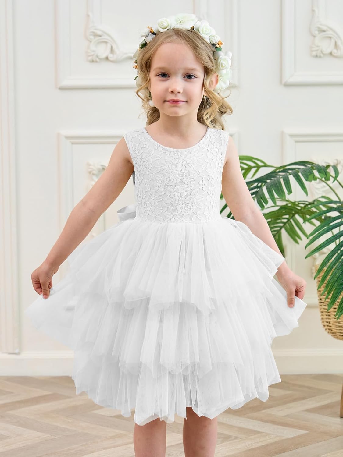 Flower Girl Dress Baby Girls V-Back Lace Tulle Toddler Tutu Dress for Wedding Communion Birthday Party