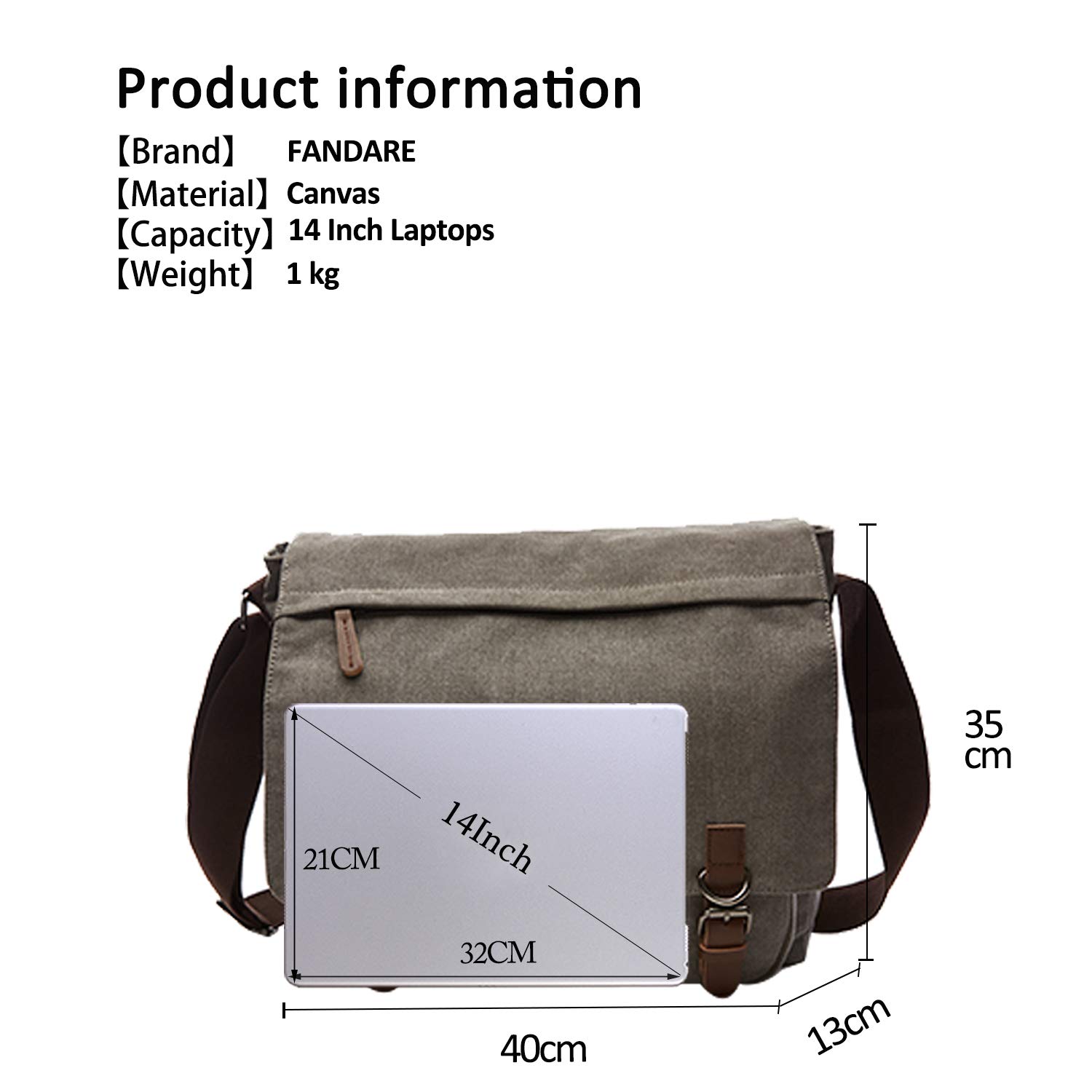 FANDARE Borsa a Tracolla Borse a spalla per 14 Pollici PC Ventiquattrore Borse Messenger di tela Uomo Donna Borsa postino Borsetta per viaggio lavoro scuola business università Pendolare Grigio L