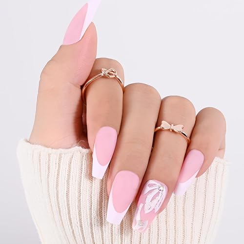 Agni Uñas postizas a presión de largo medio, 24 unidades, uñas de gel a presión, uñas francesas con pegamento, uñas adhesivas brillantes, uñas