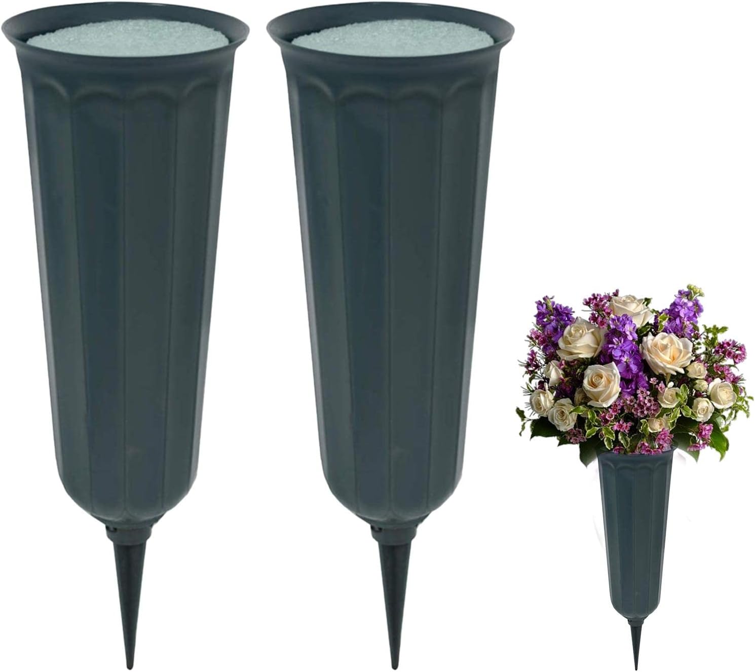 2pcs Cemetery Vase, Grave Decorations Vases with Spikes and Flower Mud for Fresh and
