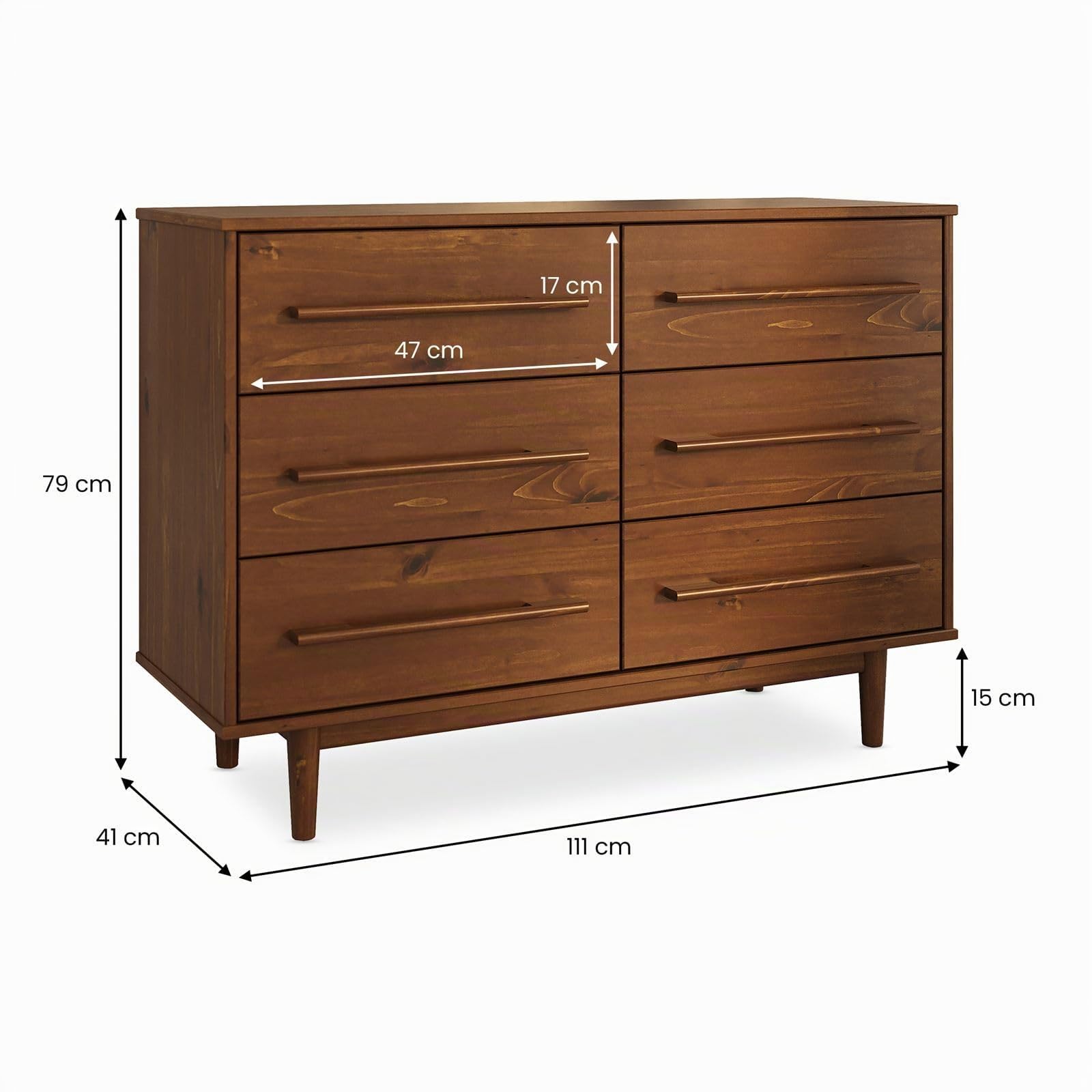 IDIMEX Kommode TECCA mit 6 Schubladen, Kastanie Finish – Schubladenschrank aus massivem Kiefernholz, Lange Holzgriffe, Stauraum für Schlafzimmer Wohnzimmer Flur, skandinavisches Design