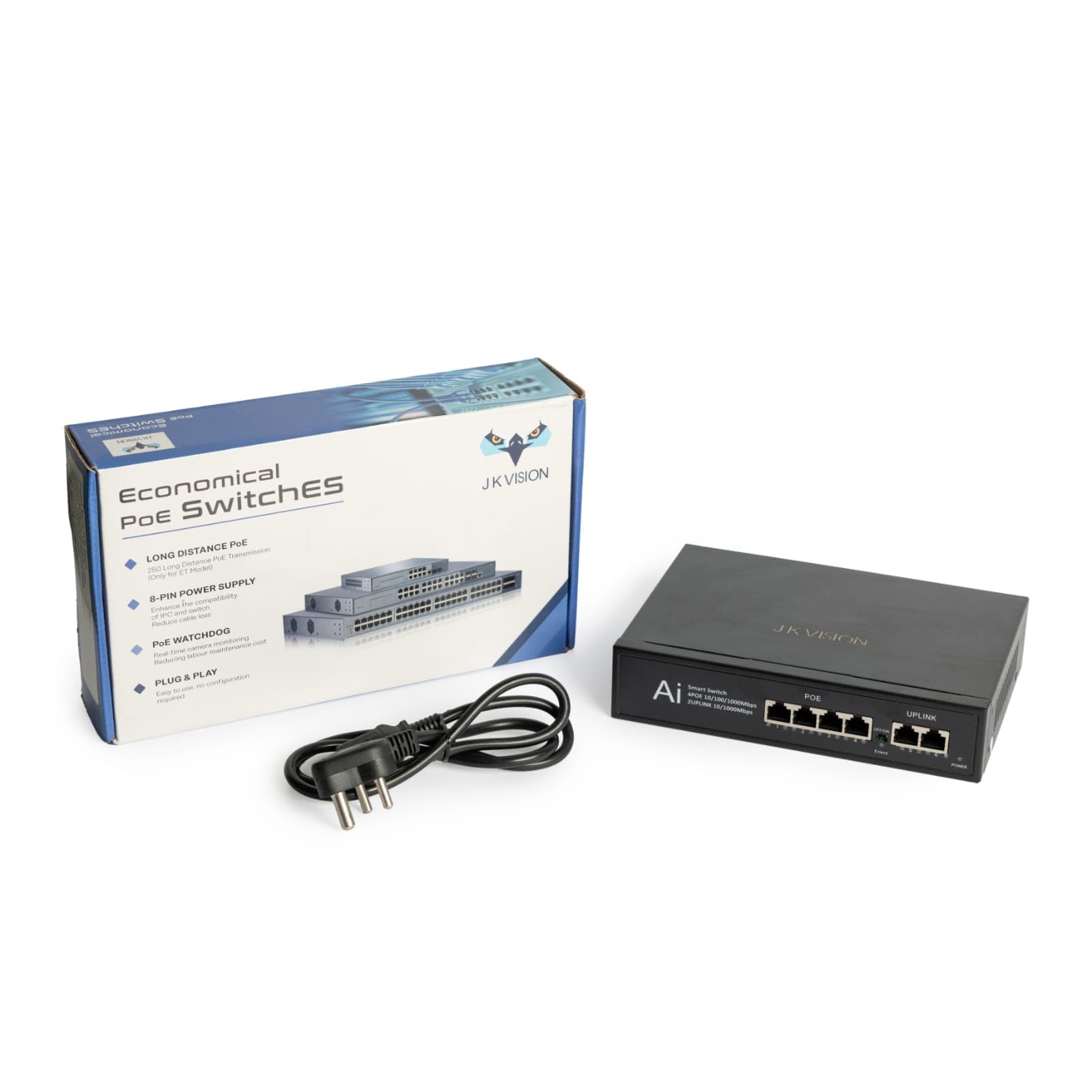 JK Vision 4 Channel GIGA POE ; 10 Ports Fast Ethernet with 8 PoE Ports (10/100 Mbps) & 2 Uplink Ports (100 Mbps) POE Switch | Max. 30W Output of Single PoE Port | LED Light Indicators | Plug & Play-image-6