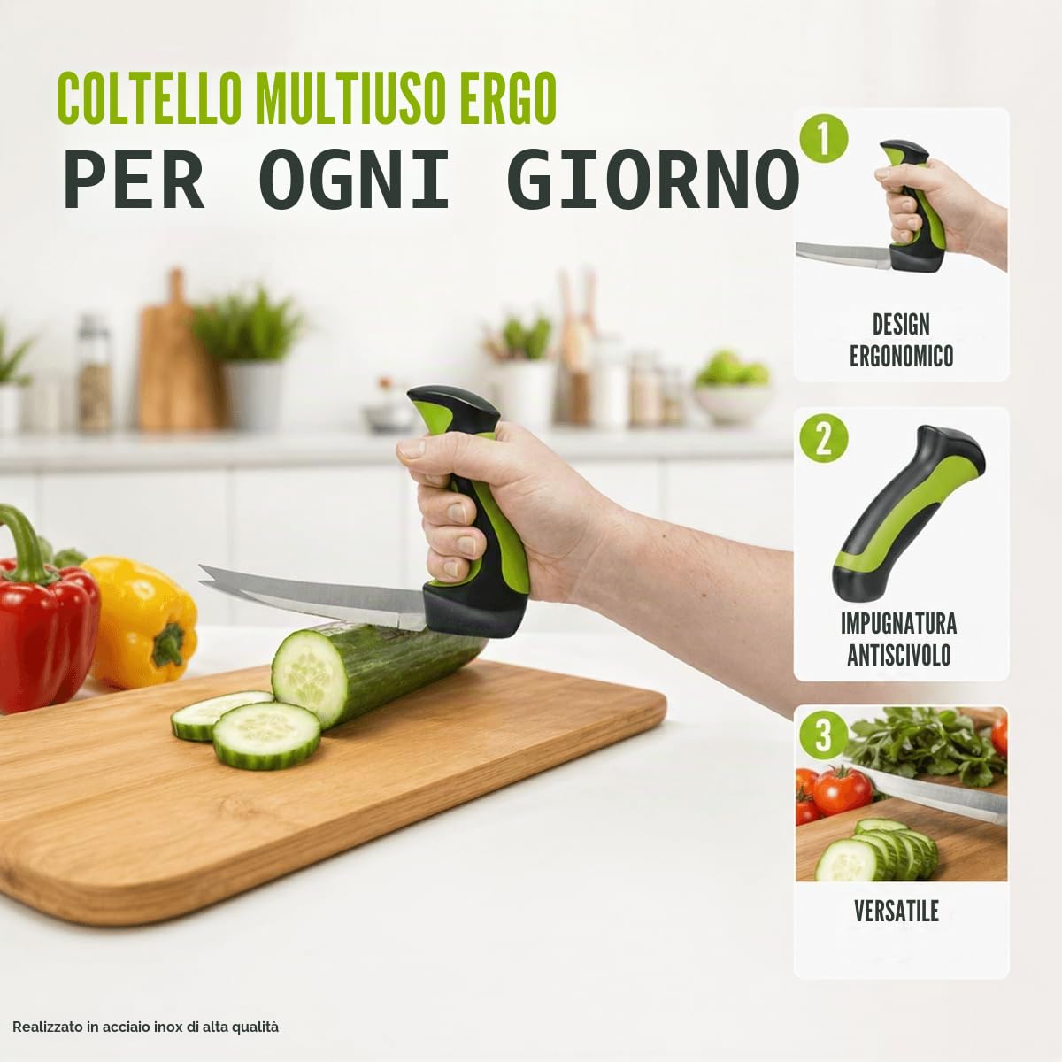 ATC Handels GmbH Coltello multiuso da cucina – Coltello da cucina ergonomico – Manico angolato per una posizione neutrale del polso – Manipolazione antiscivolo