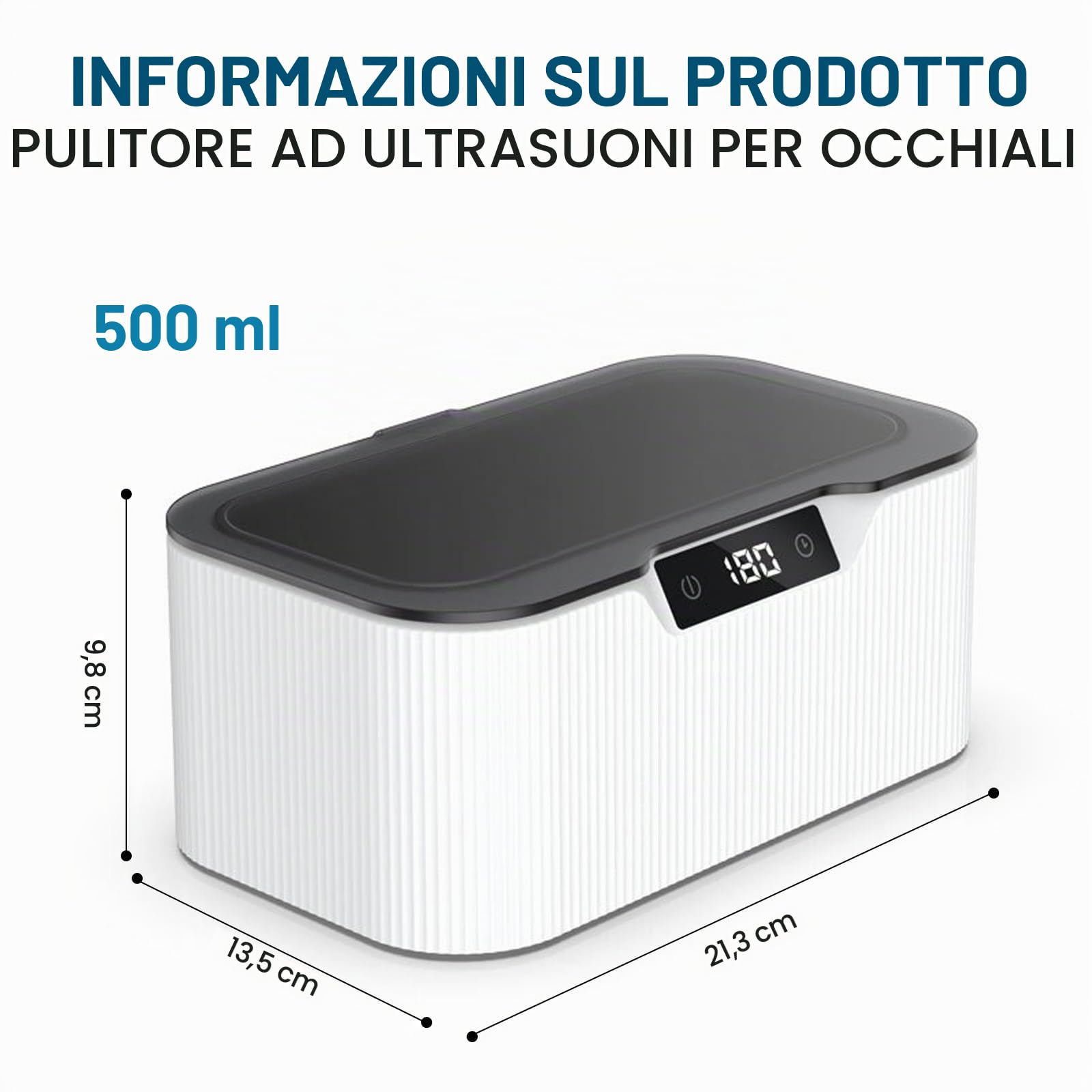 Dispositivo per la pulizia degli occhiali a ultrasuoni, 500 ml, pulitore a ultrasuoni, con 4 funzioni temporali e livello dell'orologio, dispositivo a ultrasuoni per occhiali, gioielli, orologi