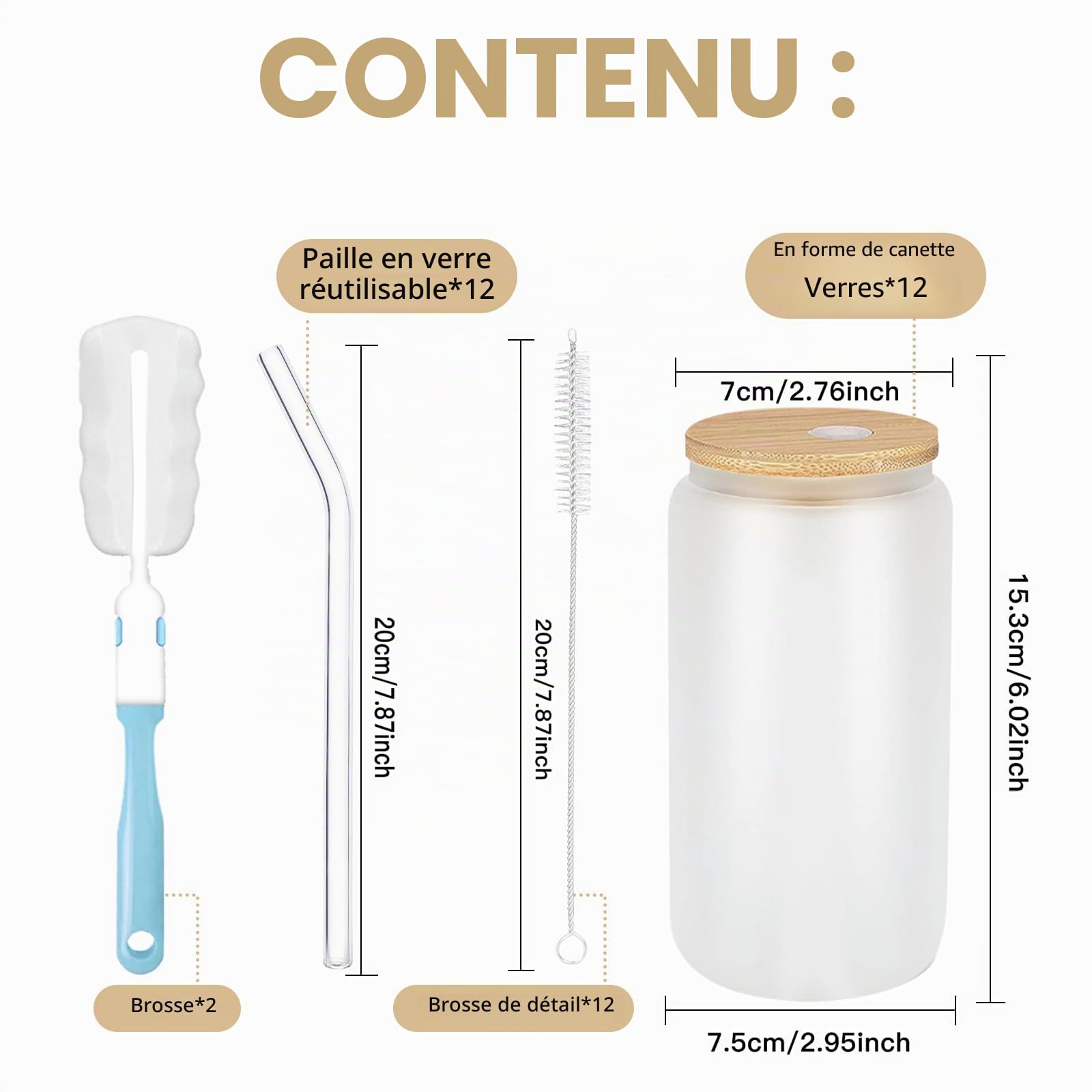 Lot de 12 verres en verre dépoli avec couvercles et pailles, 473 ml - Ensemble de tasses à café glacé, gobelets en verre réutilisables en forme de canette de bière, verres à boire pour
