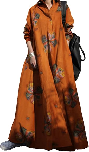LOAIHA Cotton Linen Shirt Dress for Women Casual Long Sleeve Plus Size Maxi Dress Big Swing Flowy Long Fall Dress with Pocket