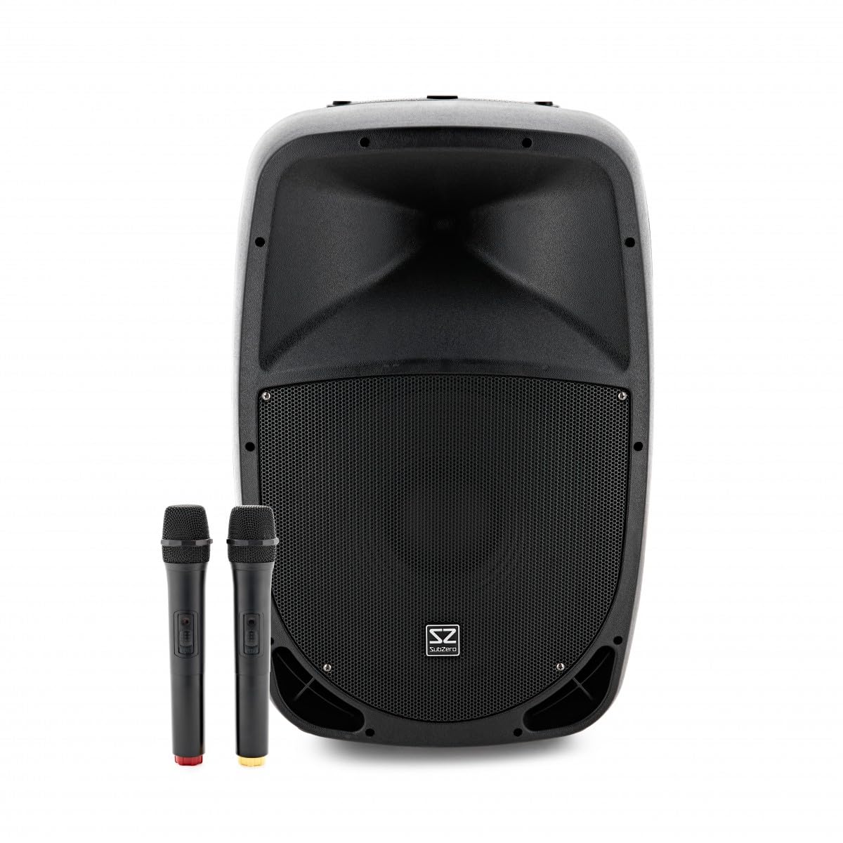 SubZero P15 Tragbarer PA-Lautsprecher mit Bluetooth und Funkmikrofonen | Bis zu 4 Stunden Akkulaufzeit, Trolley-Design mit Rollen, Mediaplayer mit USB, SD und Bluetooth