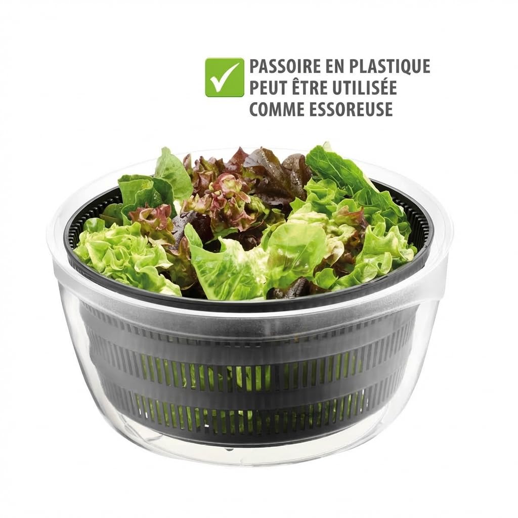 GEFU Essoreuse à salade avec couvercle fraîcheur | Bol en plastique de 3 l avec tamis et manivelle | Noir/gris