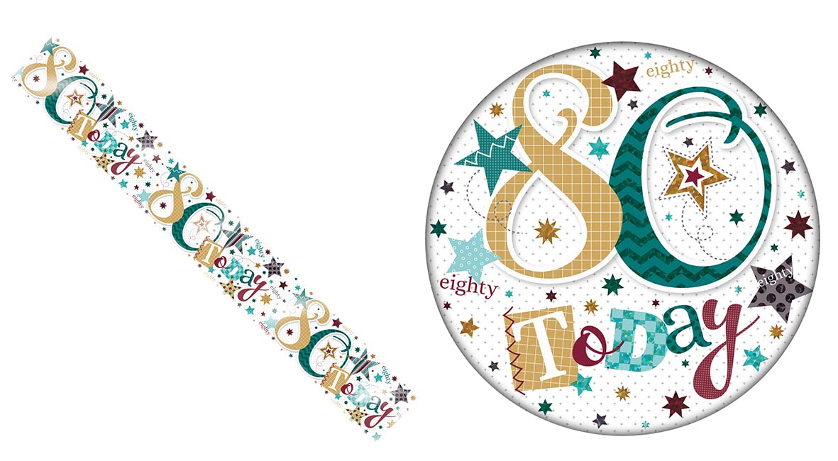 Age 80 Green, Red, Gold And Blue Star Holographic Shiny 80th Birthday Party Kit Set (Banner And Giant Badge)