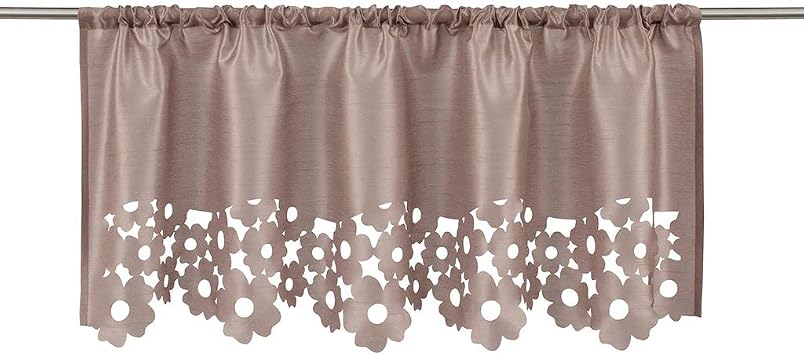 SIMPVALE Window Treatment Valance Floral Hollow-Out Design Sheer Voile Short Curtain with Rod Pocket for Cafe Room Kitchen Bathroom, 1 Panel Width 90cm/Height 30cm, Brown