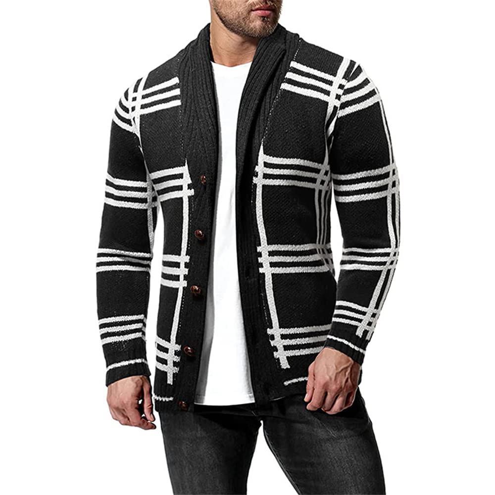 PANBOB Men's Cardigan Long Shawl Collar Striped Casual Slim Fit Men's Button Jacket Comfortable Breathable Warm Spring and Autumn Men's Knitted Sweaters